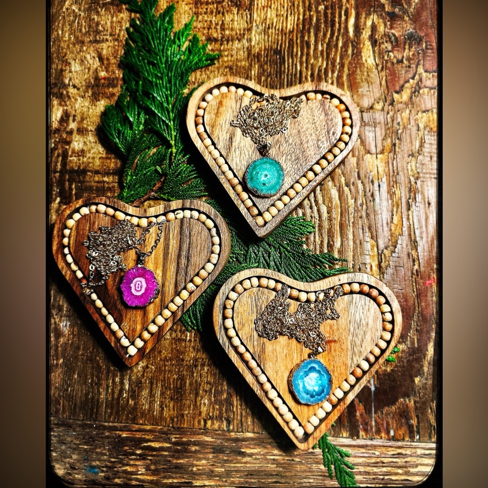 Gift Wood Coaster & Green Druzy Gold Necklace